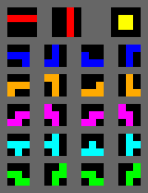 The seven Tetris shapes used in the Tetris game. Each block can be